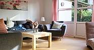 Gemütliches Wohnzimmer mit Sofa, Stühlen und Fensterblick.