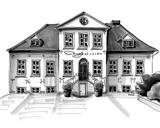 Skizze eines Hauses mit Treppe und Fenstern.